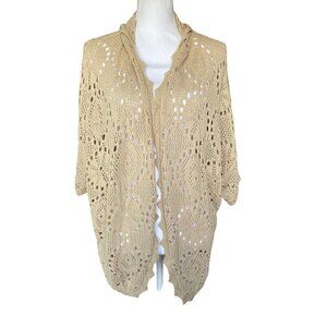 Kensie Women's Size L Beige Open-Knit Cardigan Sweater Open Front Short Sleeves